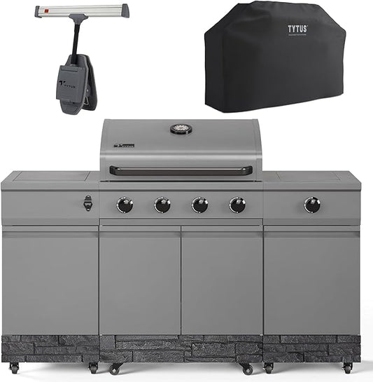 Tytus Fresno 5-Burner Propane or Natural Gas Island Grill – 864 sq. in. Cooking, 48,000 BTU Main + 12,000 BTU Side Burner, Porcelain Grates, Storage Cabinets, Semi-Portable - GM/Graphite Starter Kit