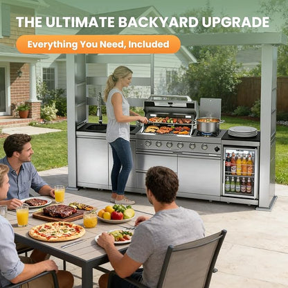 97" Outdoor Kitchen Island,4-Burner Propane Grill Featuring Rotisserie Oven,Side Burner,Mini Wine Fridge,Galvanized Steel Roof,Granite Countertops & Sink – BBQ Grill 72,000 BTU Total.(Silver,Propane)