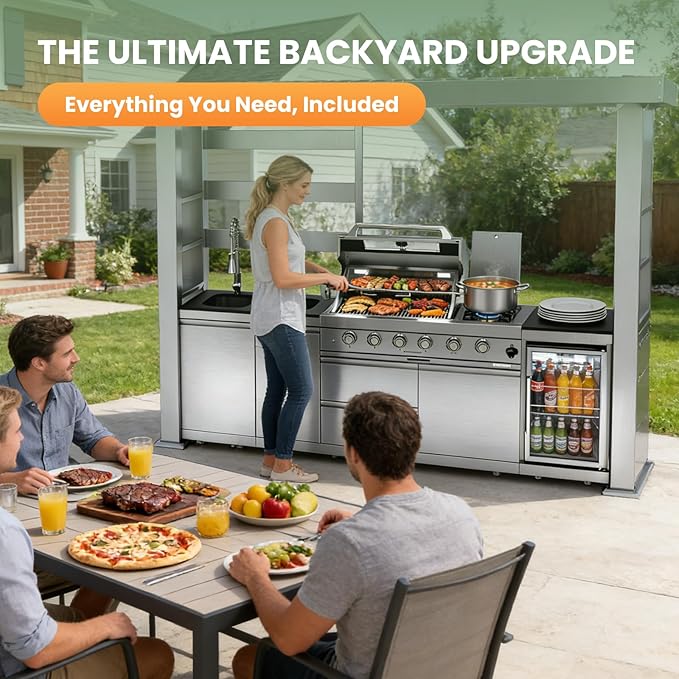 97" Stainless Steel Outdoor Kitchen Island with 4-Burner 72000 BTU,Natural Gas Grill with Side Burner,Rotisserie Oven,Refrigerator,Galvanized Steel Roof,Granite Countertops,Sink.(Natural Gas)
