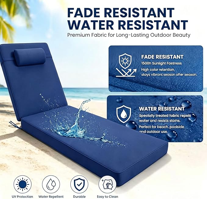 Chaise Lounge Cushion for Outdoor Furniture, Waterproof, Fade-Resistant and Tear Resistant, Patio Lounger Pads with Removable Cover for Pool, Deck, Lawn, 80x26x4 inch, Royal Blue