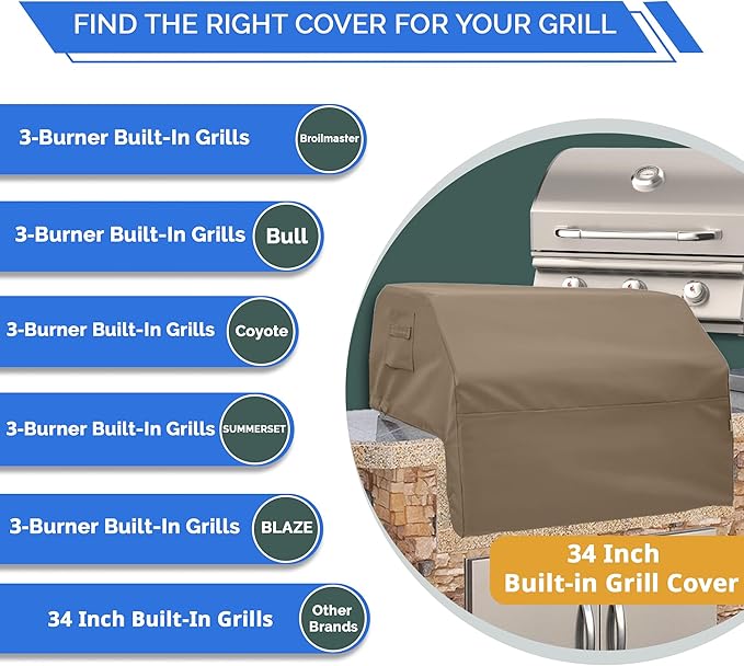 Covers & All Built-in Grill Cover for Outdoor Grill – Heavy Duty 12 oz Waterproof Built-in BBQ Grill Cover, PVC-Coated Polyester with Elastic Hem for Snug Fit (34 x 30 x 18 inches, Beige)