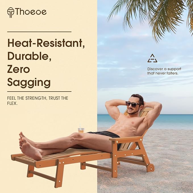 THOEOE Patio Chaise Lounge Chair Set of 2, Oversized Lounge Chair Outdoor with 5 Positions, 78″ Long, HDPE, Patio Lounge Chair with Wheels & Cup Holder for Pool, Deck, Poolside,Wood