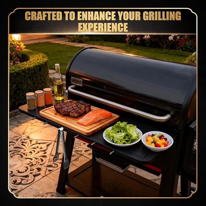 QuliMetal Folding Front Shelf for Weber Searwood XL 600, 35" x 12.5" Grill Prep Table with Stainless Steel Basin, Cutting Board, Lid and 5 Hooks, Heavy-Duty Front Grill Table Accessory