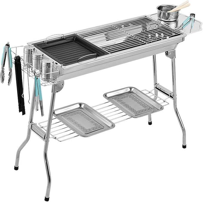 Outdoor Stainless Folding BBQ Grills Picnic Barbecue Rack Grill Charcoal Stove Picnic Accessories Suitable for 3 6 Person Silver BBQ Grill