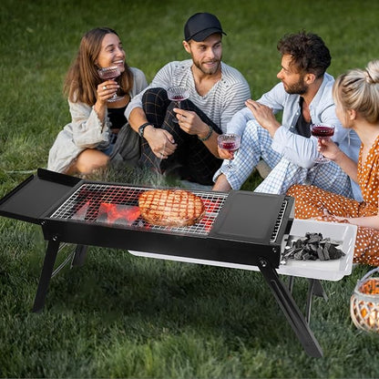 Portable Charcoal BBQ Grill, Foldable BBQ Grill with Stainless Steel Grill Net, Charcoal Drawer Tray & Food Trays, Easy Setup Barbecue Grill for Camping Picnic Outdoor Party Backyard (34.25x8.85x12in)