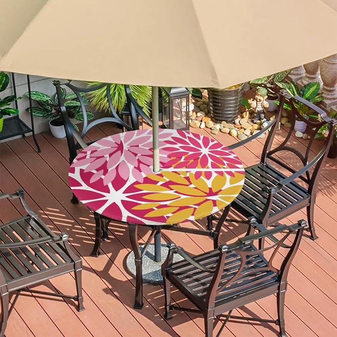 Round Tablecloth with Umbrella Hole and Zipper Elastic Fitted Table Cloth 36"-44" Oil-Proof Waterproof Patio Table Cover for Outdoor Picnic Party, Spring Summer Geometric Elegant Pink Yellow