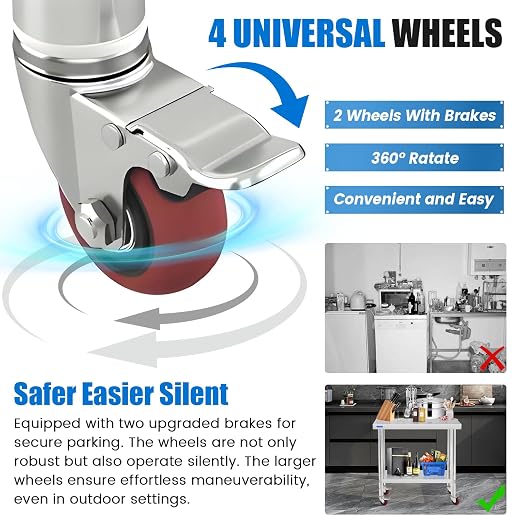 KUARBARR Stainless Steel Table for Prep & Work with 4 Caster Wheels with Backsplash 24 x 36 NSF Metal Commercial Kitchen Adjustable Under Shelf Worktable for Restaurant Home Outdoor