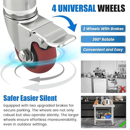 KUARBARR Stainless Steel Table for Prep & Work with 4 Caster Wheels with Undershelf 24 x 36 NSF Metal Commercial Kitchen Adjustable Undershelf Worktable for Restaurant Home Outdoor
