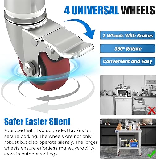KUARBARR Stainless Steel Table for Prep & Work with 4 Caster Wheels with Undershelf 18 x 24 NSF Metal Commercial Kitchen Prep Table with Adjustable Under Shelf Worktable for Restaurant Home Outdoor