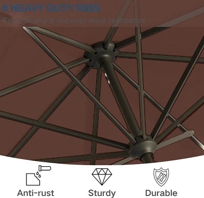 9' Solar LED Patio Umbrella with Tilt & Crank|8 Sturdy Ribs,UV Protection,Outdoor Market Table Umbrella for Deck,Lawn,Pool,Backyard(Brown)