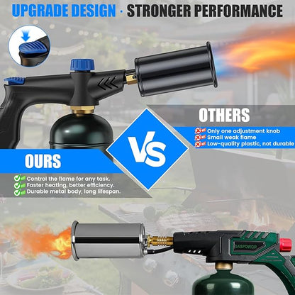 Propane torch with Ergonomic handle, One-Touch Ignition, Adjustable Flame, Propane torch gun with One-Piece Safety Design Ideal for Grill & Cooking, Sous Vide, Searing Steak, BBQ, Campfire Starter