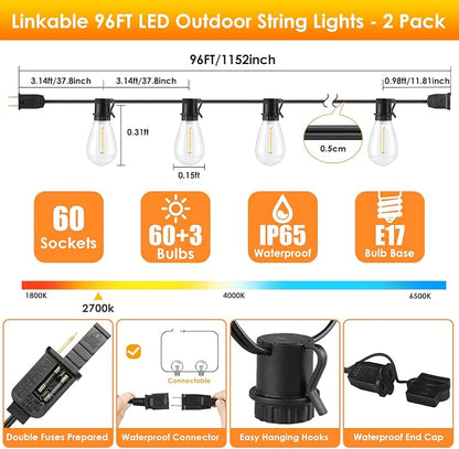 Larkvue 192FT(2x96FT) LED Outdoor String Lights, Patio Lights with 60+3 Shatterproof Waterproof 2700K Dimmable Bulbs, Linkable Light for Balcony-Black