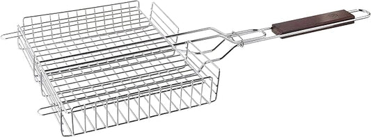 Outset Rosewood Handle Grill Basket, Fish and Vegetable Grill Basket, Chrome