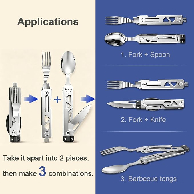 5 in 1 Detachable Camping Utensils Flatware Set, Multifunction Travel Pocket Cutlery Folding Spoon Fork Knife Grill Barbecue BBQ Tongs Bottle Opener, Portable Combo Set 420J2 Stainless Steel