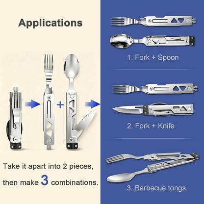 5 in 1 Detachable Camping Utensils Flatware Set, Multifunction Travel Pocket Cutlery Folding Spoon Fork Knife Grill Barbecue BBQ Tongs Bottle Opener, Portable Combo Set 420J2 Stainless Steel