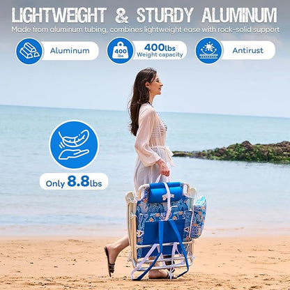 Old Bahama Bay Backpack Beach Chair 2 Pack, Aluminum Lightweight Reclining 5-Position Lounge Chair for Adults Heavy Duty Support 400 LBS Portable Folding with Cooler Bag Camping Chair for Sand Outdoor