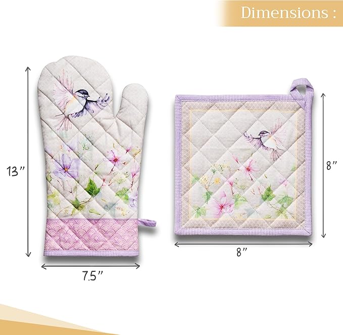 Maison d' Hermine 100% Cotton Oven Mitt & Pot Holder Set (7.5"x13" & 8"x8") Heat Resistant BBQ Cooking Gloves with Loop Baking Grilling Kitchen Hotel Home Farmhouse Spring Summer (Magnolia Mornings)
