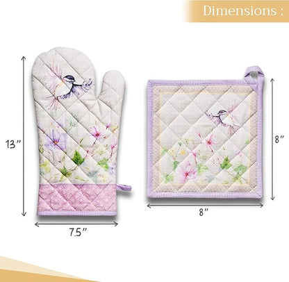 Maison d' Hermine 100% Cotton Oven Mitt & Pot Holder Set (7.5"x13" & 8"x8") Heat Resistant BBQ Cooking Gloves with Loop Baking Grilling Kitchen Hotel Home Farmhouse Spring Summer (Magnolia Mornings)