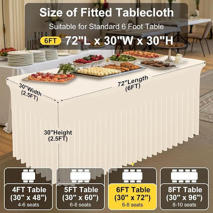 Smiry Spandex Elastic Fitted Table Cloth Skirt for 6FT Rectangle Table | Stretch Washable Table Cloth, Banquet Table Cover for Wedding, Party, Indoor & Trade Shows, (Beige, 72Lx30Wx30H)