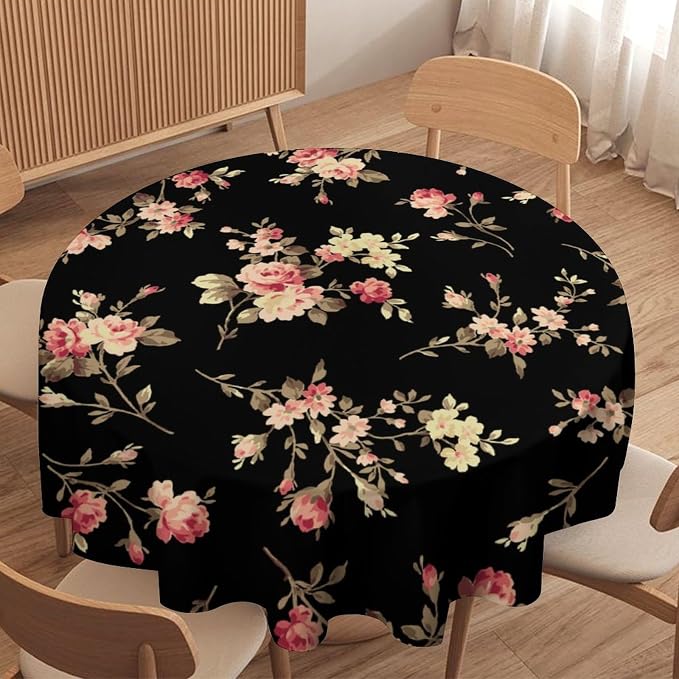 Vintage Flower Round Tablecloth, Black Pink Garden Florals Rustic Roses Boho Botanical Plant Water Resistant Wipeable Table Cover for Picnic Party Holiday Kitchen Dinner Table 36"