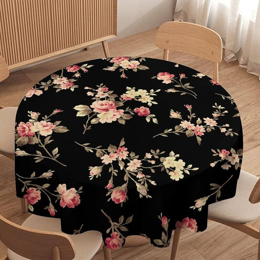 Vintage Flower Round Tablecloth, Black Pink Garden Florals Rustic Roses Boho Botanical Plant Water Resistant Wipeable Table Cover for Picnic Party Holiday Kitchen Dinner Table 60"