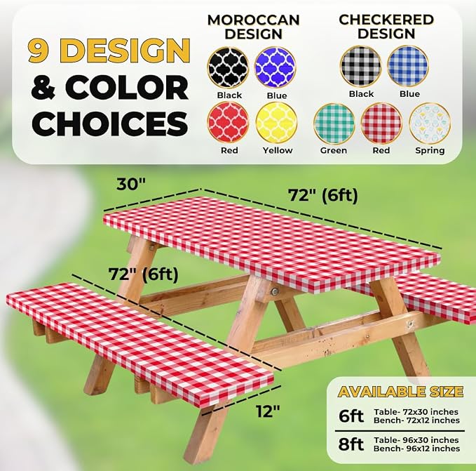 Vinyl Fitted Picnic Table Cover with Bench Covers & Bag 6ft Red Checkered | Vinyl Fitted Picnic Table Cover with Bench Covers and Bag, Outdoor Waterproof Windproof Picnic Tablecloth with Elastic Edges.