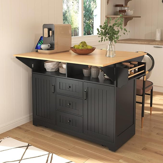 Merax 55.7" Upgraded Large Kitchen Cart Island on Wheels with 2 Drop Leaf,Power Outlet,3 Drawers,Wood Frame Storage Cabinet