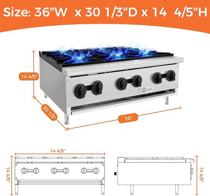 Commercial Hot Plate,Countertop Restaurant Kitchen Stove,NG LP Convertible Supply,Independent Controls,Cast Iron Grates,Standing Pilot Ignition,Adjustable Legs,Removable Waste Tray (Silver,6 Burner)