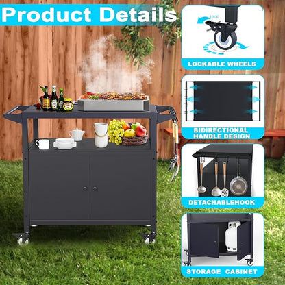 Outdoor Grill Table with Storage, Movable Grill Cart, Outdoor Kitchen Island Prep Stand Station,Blackstone Griddle Stand, BBQ Serving Cart Rolling Bar Cart with 4 Utensil Hooks 1