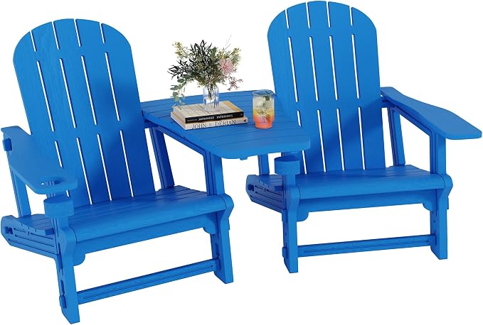 Shintenchi Adirondack Chairs Set of 2,HDPE Adirondack Chairs w/Removable Tablelop & Umbrella Hole,All-Weather Wooden Textured Plastic Outdoor Chairs w/Cup Holders for Garden Backyard Pool,Blue