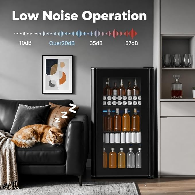 COWSAR 3.2 Cu. Ft. Beverage Refrigerator, Up to 130 Cans or 26 Bottles | Electronic controls with an LED display adjust cooling from 32–61°F, while the glass door keeps drinks easy to view.