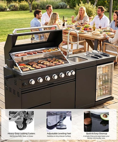 Outdoor Kitchen Island Barbecue Grill with Refrigerator & Rotisserie, Heavy-Duty Stainless Steel Freestanding Grills Station, Weather-Resistant Cooking Cabinet for Backyard & Summer Propane Gas