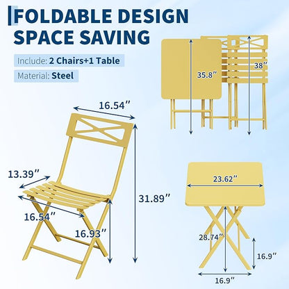 Garvee 3PCS Bistro Set, Folding Patio Furniture Set w/ 2 Chairs,Solid Steel | Foldable space-saving bistro set, fully pre-assembled for instant use. Powder-coated weatherproof steel frame. Easy-clean