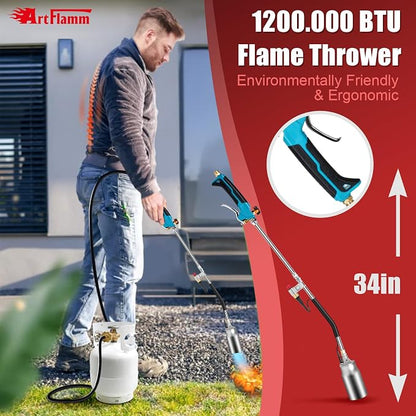ARTFLAMM Portable Propane Torch Weed Burner Kit with Storage Bag, High Output BTUs & 10 FT Hose, Self Igniter Weed Flame Torch for Campfires,Roofing,Melting Snow and Ice,Road Marking