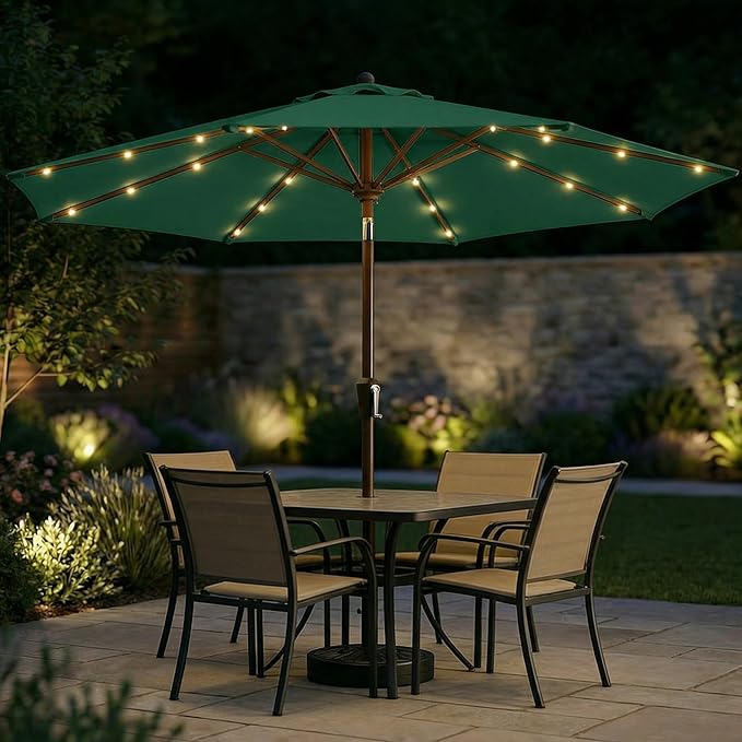 11FT Solar Patio Umbrella with Lights, Outdoor Table Market Umbrella with 32 LED Lights, 8 Sturdy Ribs, Smooth Crank Lift for Pool, Deck and Garden, UV-Resistant