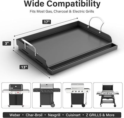 17"x13" Pre-Seasoned Nonstick Cast Iron Griddle for Gas Grill - Universal Flat Top with Grease Groove, Reinforced Ridges & High Sidewalls for Gas/Charcoal, Fits Weber, Charbroil