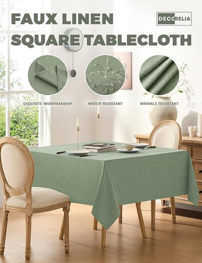 Decorelia Faux Linen Square Tablecloth for Dining Room,Waterproof Texture Decorative Farmhouse Rustic Table Cloth for Indoor Outdoor Party Holiday Banquet Picnics Patio,70x70 Inch (Square),Sage Green