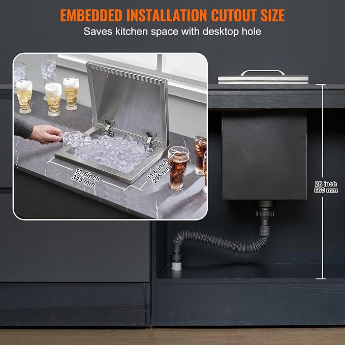 VEVOR Drop in Ice Chest, 14" L x 12" W x 18" H Stainless Steel Ice Cooler, Commercial Ice Bin with Hinged Cover, 40 qt Outdoor Kitchen Ice Bar, Drain-Pipe and Drain Plug Included, for Cold Wine Beer