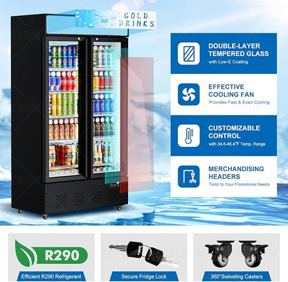 41.3''W Commercial Beverage Refrigerators, 30 Cu.ft. Glass Door Refrigerator Upright Display Cooler with Soft LED Light and Adjustable Shelves for Restaurant Grocery Stores Home
