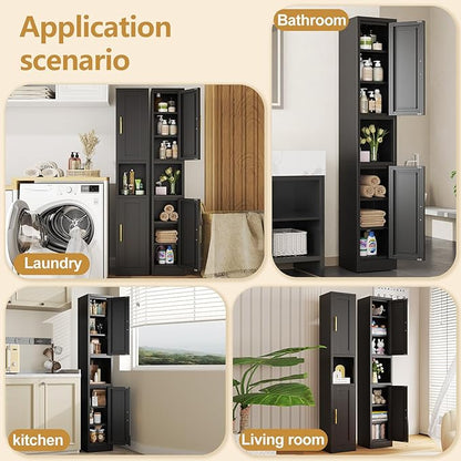 Metal Tall Narrow Storage Cabinet,67" H Freestanding Floor Cabinet with 2 Doors and 4 Adjustable Shelves,Pantry Storage Cabinets for Bathroom,Living Room,Entryway and Kitchen(Black)