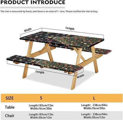 Christmas Tree Elastic Picnic Table Cover with Bench Covers Colored Lights Xmas Decoration Camping Table Cloth for Picnic Table 3 PCS Set Size S/L