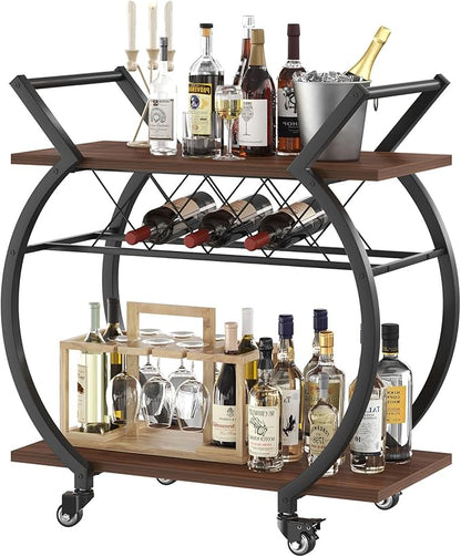 LVB Modern Bar Cart, Industrial Rolling Wine Cart with Wine Rack, Walnut | Coffee Liquor Drink Cart with Storage and Wheels, Wood and Metal Kitchen Microwave Beverage Cart for Home