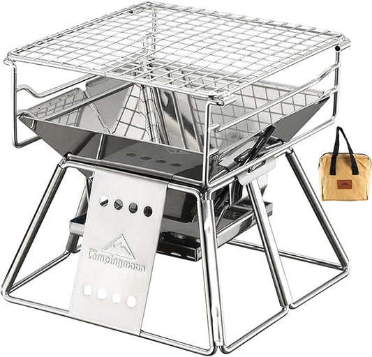 CAMPINGMOON X-MINI Small Size Portable Fire Pit, Mini Stainless Steel Tabletop Fire Pit Charcoal Grills for Camping, Solo Outdoor Cooking, Hiking BBQ Backpacking, with Carry Bag 7.5 inch