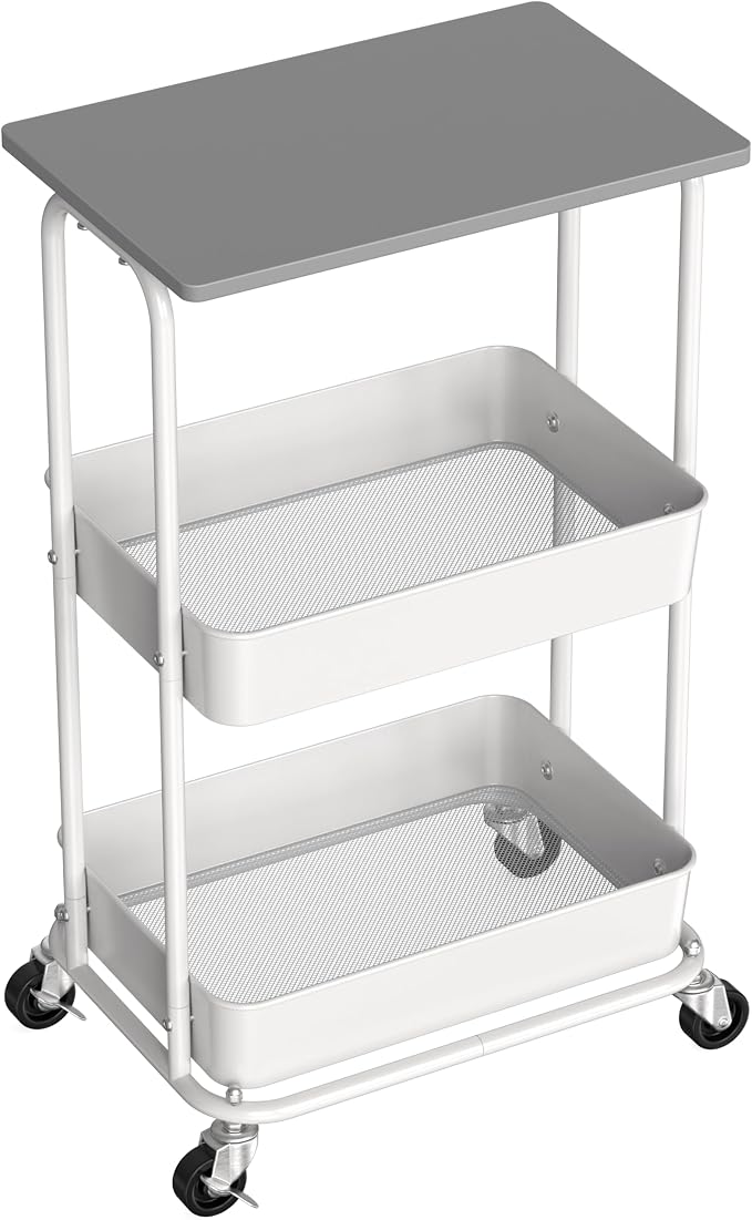 Simple Houseware 2-Tier Rolling Utility Cart Wood Top/Lockable Wheel, Gray | Metal Storage Organizer Trolley for Kitchen, Bathroom, Office, Craft Room