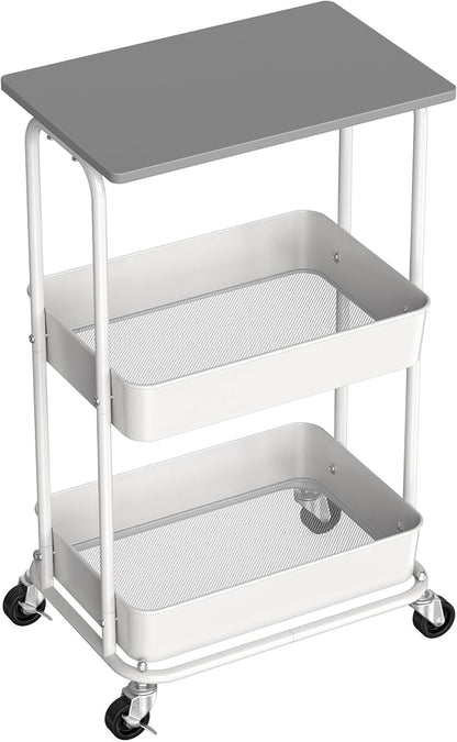 Simple Houseware 2-Tier Rolling Utility Cart Wood Top/Lockable Wheel, Gray | Metal Storage Organizer Trolley for Kitchen, Bathroom, Office, Craft Room
