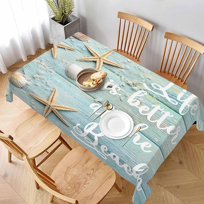 TKS MITLAN Tablecloth Life is Better is The Beach Table Cloth Rectangle Table 60 x 84 Inch Summer Sand Sea Shells Starfishes Kitchen Decorations for Home Dinner Party