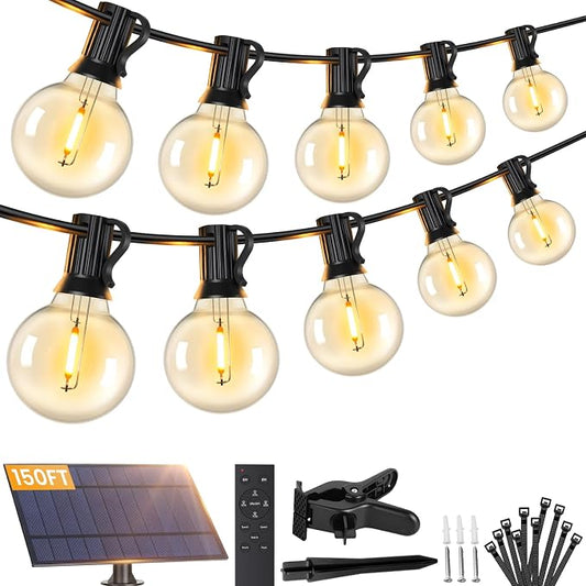 Brightever 150FT Solar String Lights Outdoor Waterproof, G40 Solar Lights with Remote and 55+2 LED Shatterproof Globe Bulbs, Dimmable&3 Lighting Modes, Solar Power Patio Lights for Backyard, Garden