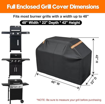 Patented Fully Enclosed Grill Covers for Outdoor Grill 2-in-1 Heavy Duty Barbecue Grill Cover 600D Waterproof Animal-Proof BBQ Cover Outside Fits Weber (48 Inch Full Enclosed Grill Covers 2-in-1)