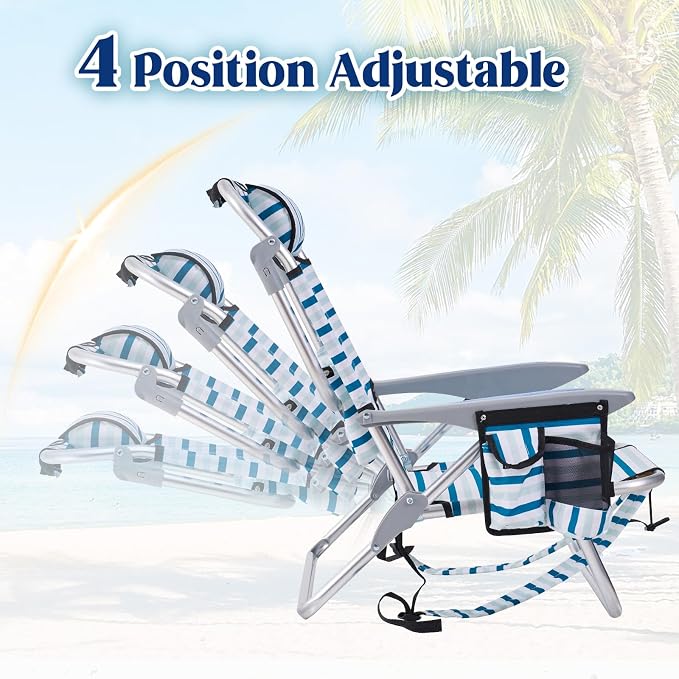 Portable Beach Chair for Adults, Outdoor Camping Chair Lay Flat Folding Backpack Beach Reclining Chair with 5 Positions, Headrest, Cup Holder, Heavy White Striped