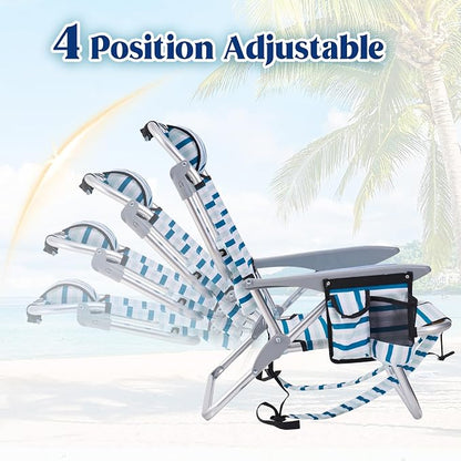 Portable Beach Chair for Adults, Outdoor Camping Chair Lay Flat Folding Backpack Beach Reclining Chair with 5 Positions, Headrest, Cup Holder, Heavy White Striped
